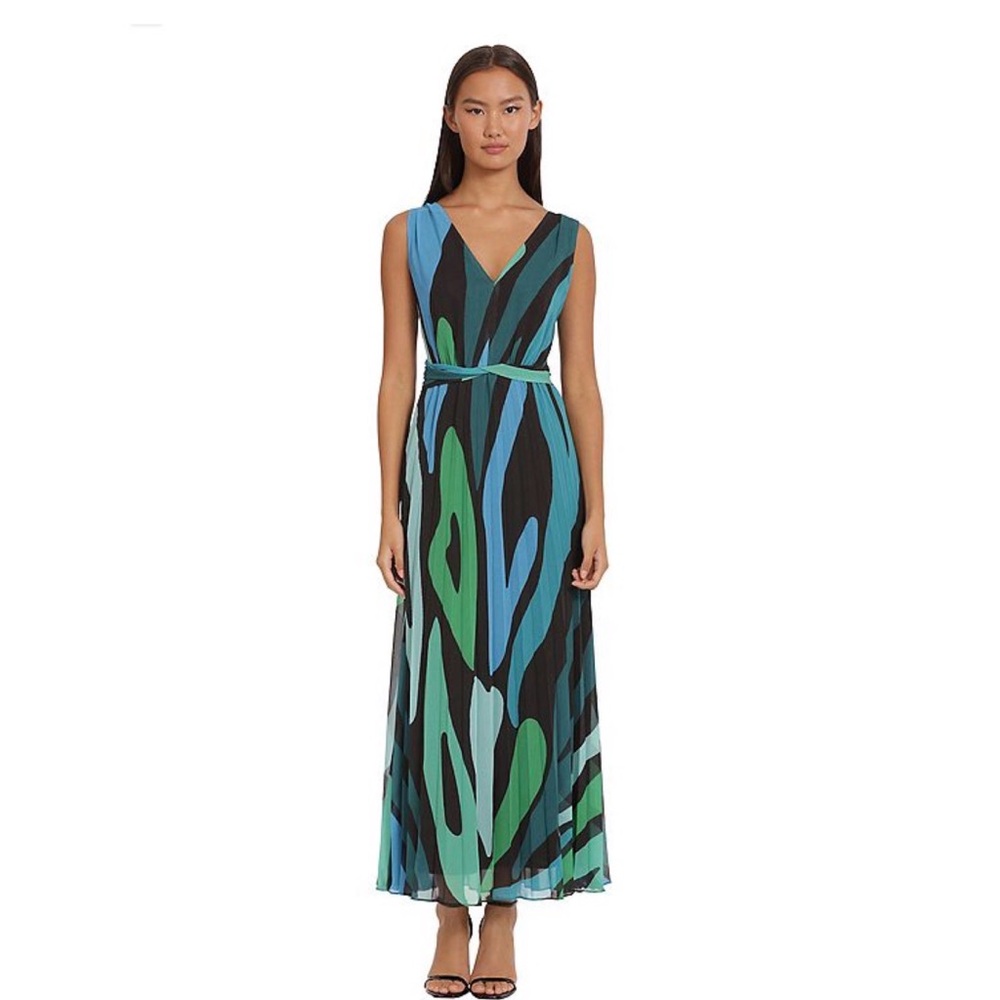 London Times Black Maxi Dress with Blue & Green Abstract Motif